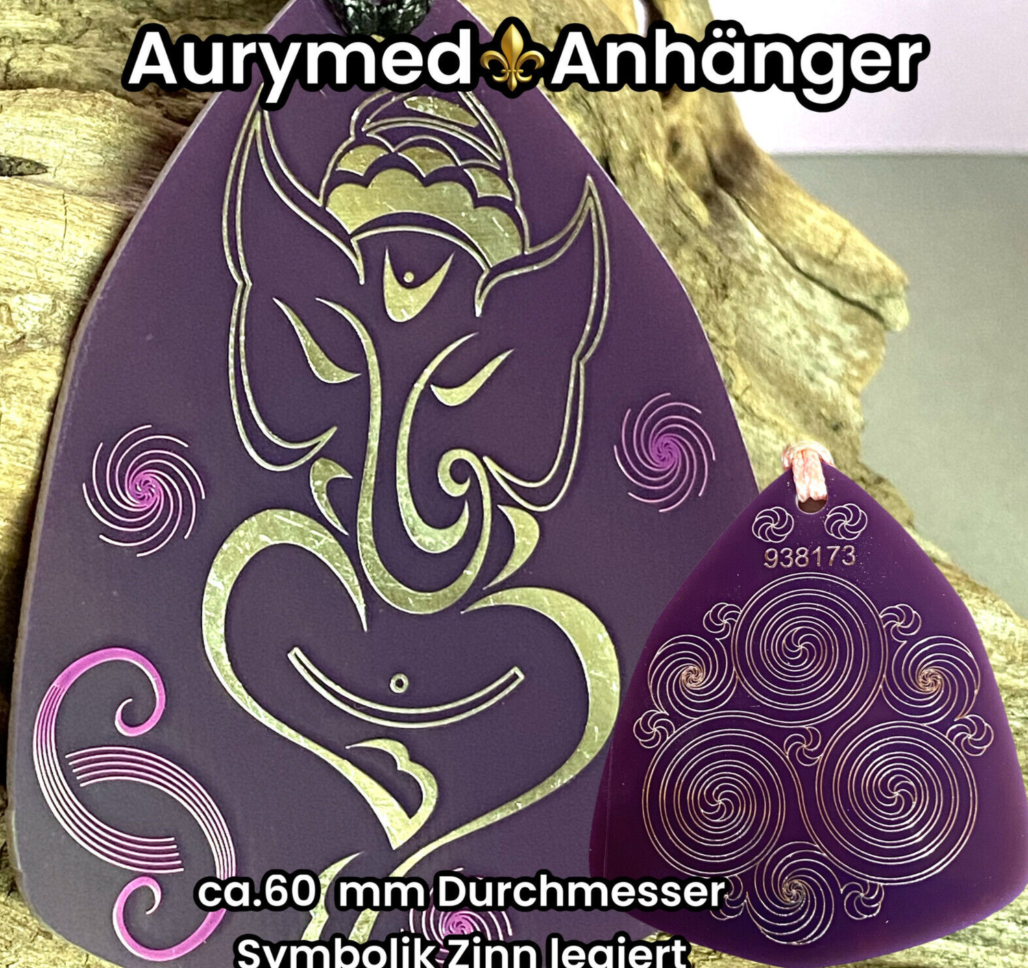 Amulette - Disc - Ganesha der Glücksbote trifft die 3 fach Triskele, Größe ca. 69 mm x 59 mm, doppelseitig, Zinn legiert, Kupfer unterlegt, flieder lila