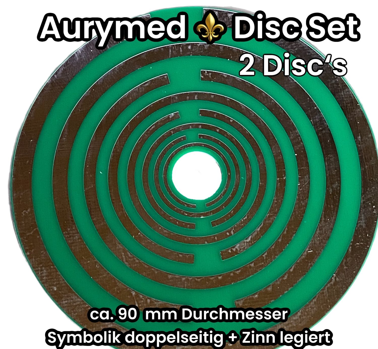 90 mm - 2 x Disc + ohne PLA Halter - Lakhovsky Antenne MWO Schwingkreis Oszillator Design, doppelseitig, Zinn legiert, Kupfer unterlegt, grün