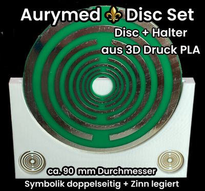 90 mm - 1 x Disc + 1x PLA Halter - Lakhovsky Antenne MWO Schwingkreis Oszillator Design, doppelseitig, Zinn legiert, Kupfer unterlegt, grün