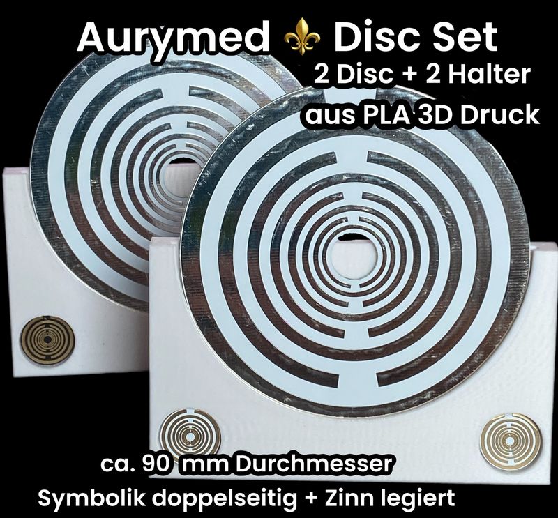 90 mm - 2 x Disc + 2x PLA Halter - Lakhovsky Antenne MWO Schwingkreis Oszillator Design, doppelseitig, Zinn legiert, Kupfer unterlegt, weiß