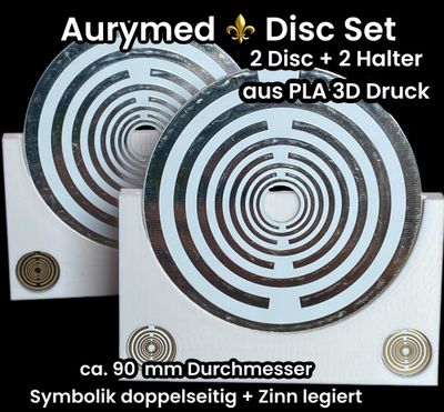 90 mm - 2 x Disc + 2x PLA Halter - Lakhovsky Antenne MWO Schwingkreis Oszillator Design, doppelseitig, Zinn legiert, Kupfer unterlegt, weiß 90 mm - 2 x Disc + 2x PLA Halter - Lakhovsky Antenne MWO Schwingkreis Oszillator Design, doppelseitig, Zinn legiert, Kupfer unterlegt, weiß