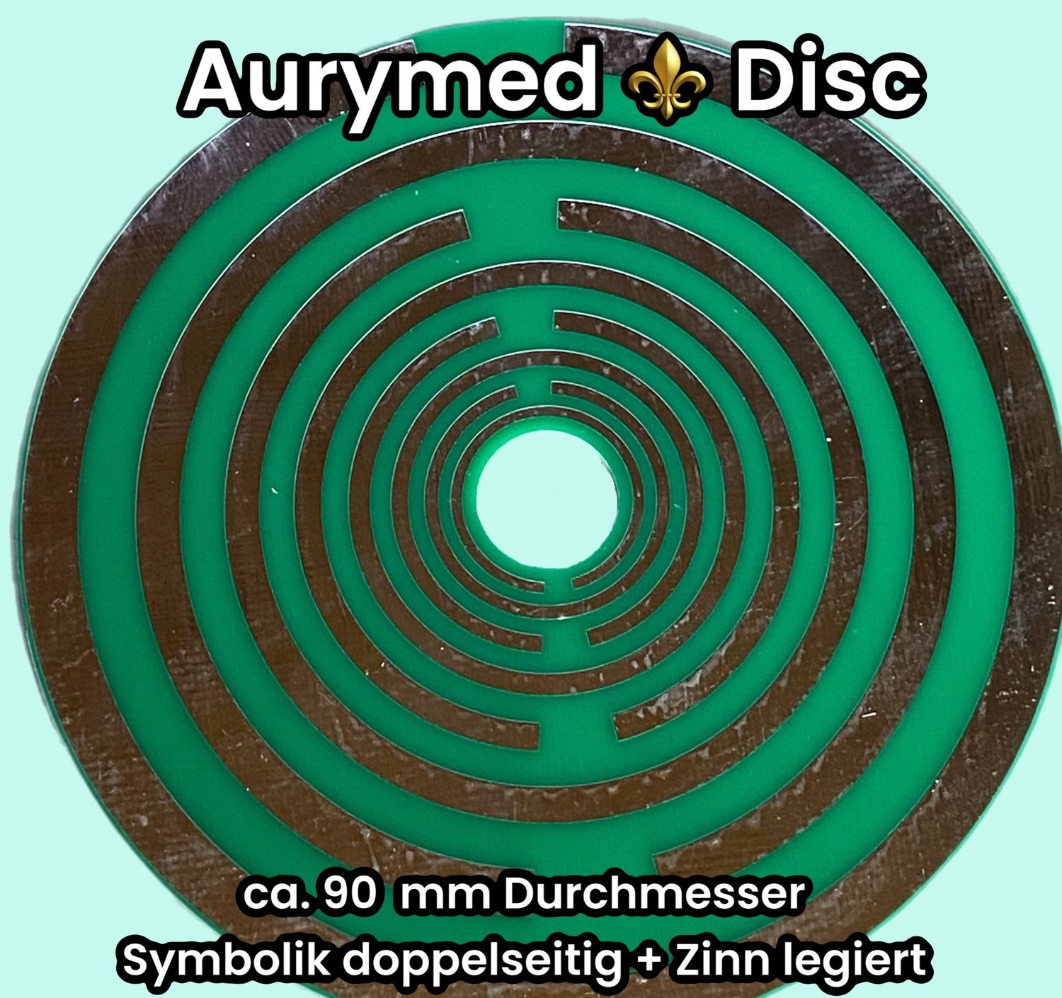 90 mm - 1 x Disc + ohne PLA Halter - Lakhovsky Antenne MWO Schwingkreis Oszillator Design, doppelseitig, Zinn legiert, Kupfer unterlegt, grün