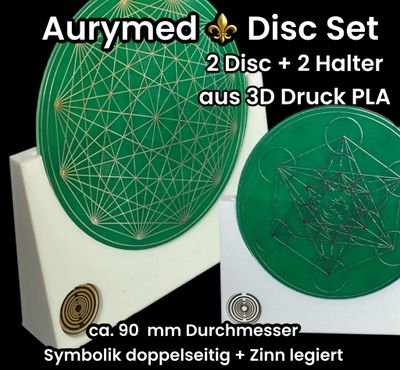 90 mm Disc 2x + 2 Halter PLA - Metatron, Om Zeichen, Dodecagram 12-er Stern Symbol, doppelseitig, Zinn legiert, Kupfer unterlegt, grün 90 mm Disc 2x + 2 Halter PLA - Metatron, Om Zeichen, Dodecagram 12-er Stern Symbol, doppelseitig, Zinn legiert, Kupfer unterlegt, grün