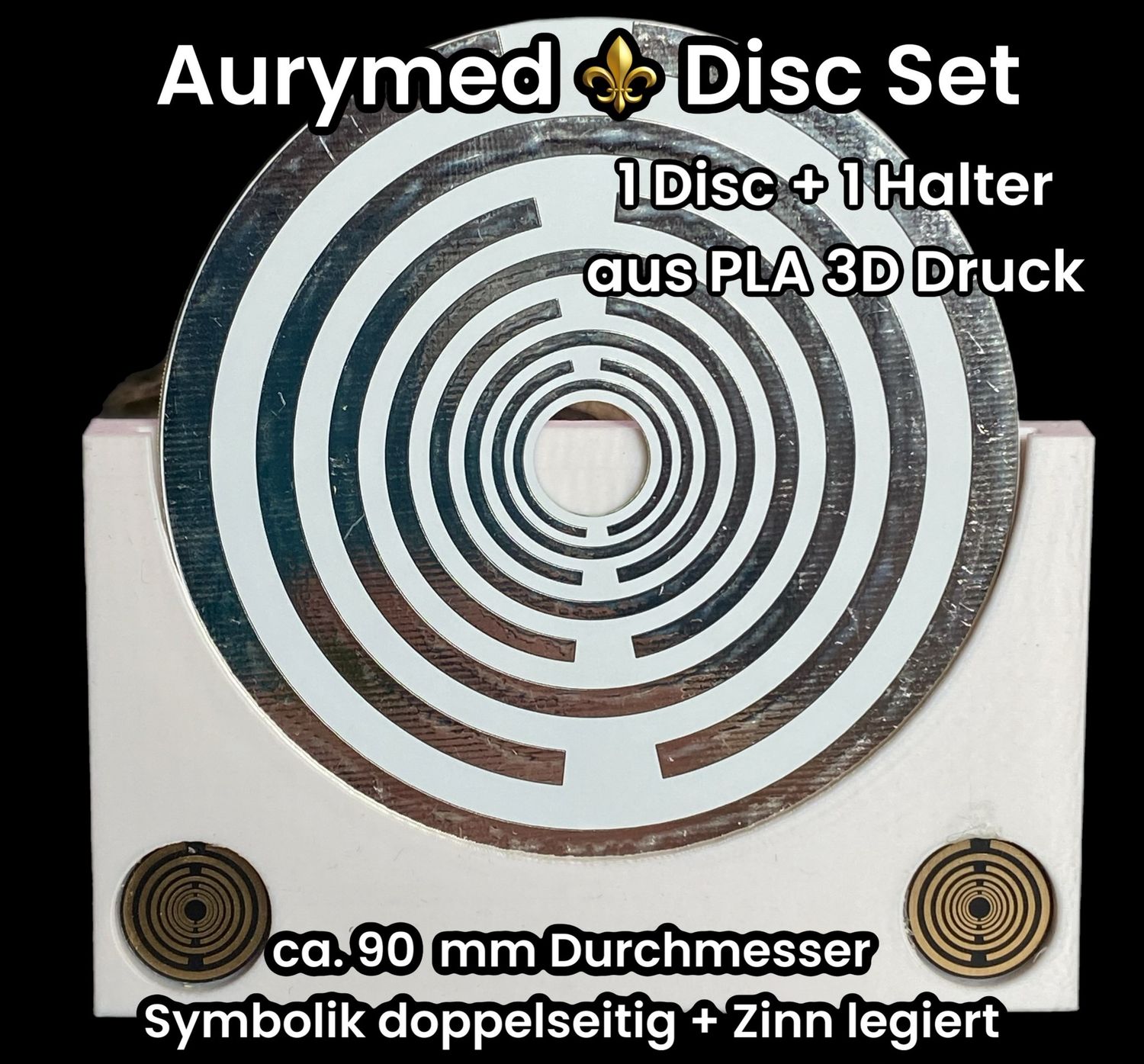 90 mm - 1 x Disc + 1x PLA Halter - Lakhovsky Antenne MWO Schwingkreis Oszillator Design, doppelseitig, Zinn legiert, Kupfer unterlegt, weiß