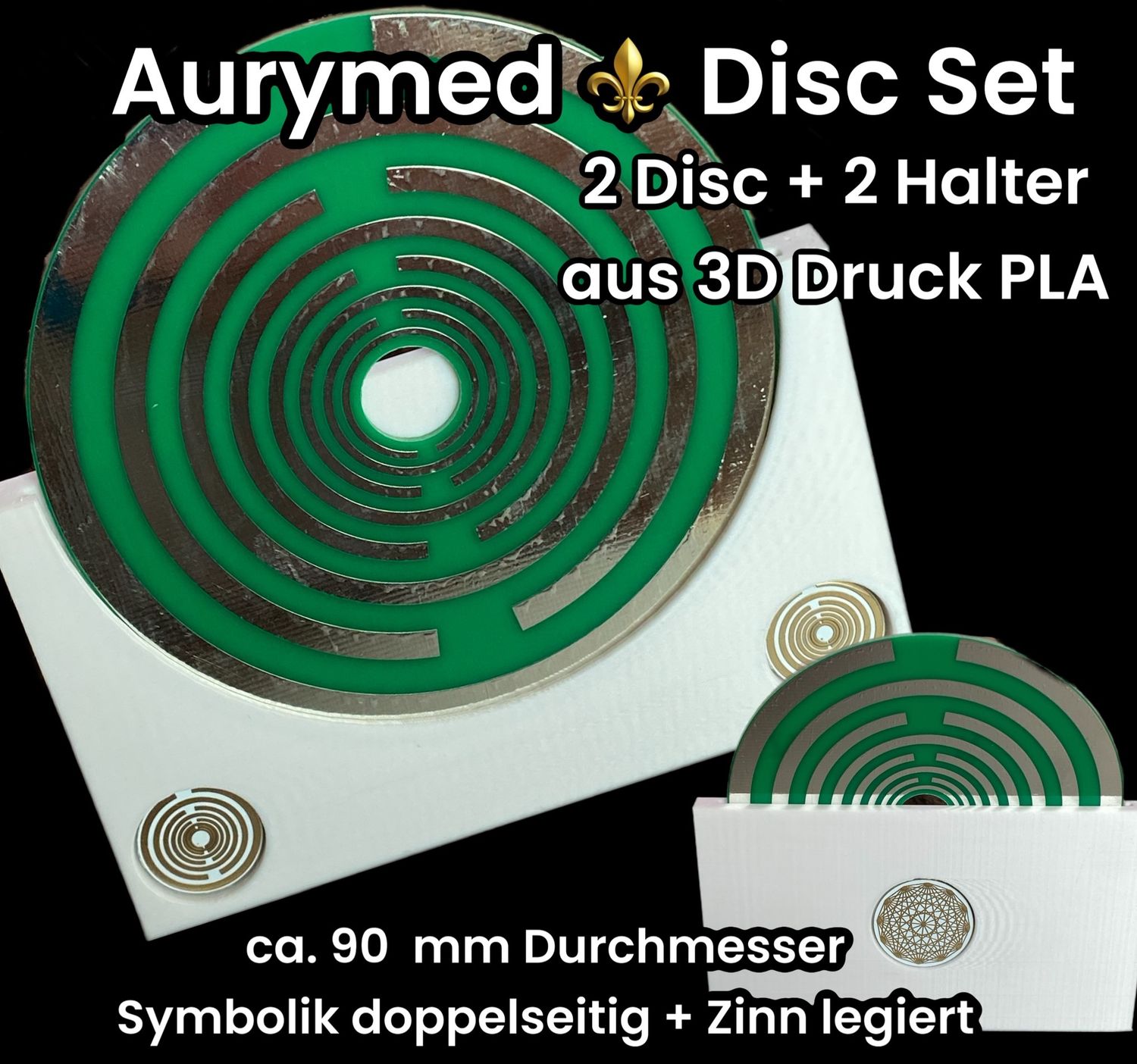 90 mm - 2 x Disc + 2x PLA Halter - Lakhovsky Antenne MWO Schwingkreis Oszillator Design, doppelseitig, Zinn legiert, Kupfer unterlegt, grün
