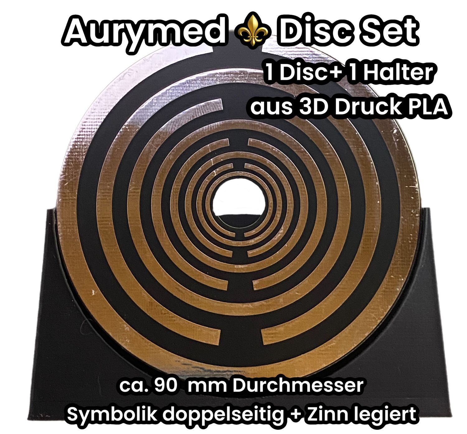 90 mm - 1 x Disc + 1x PLA Halter - Lakhovsky Antenne MWO Schwingkreis Oszillator Design, doppelseitig, Zinn legiert, Kupfer unterlegt, schwarz