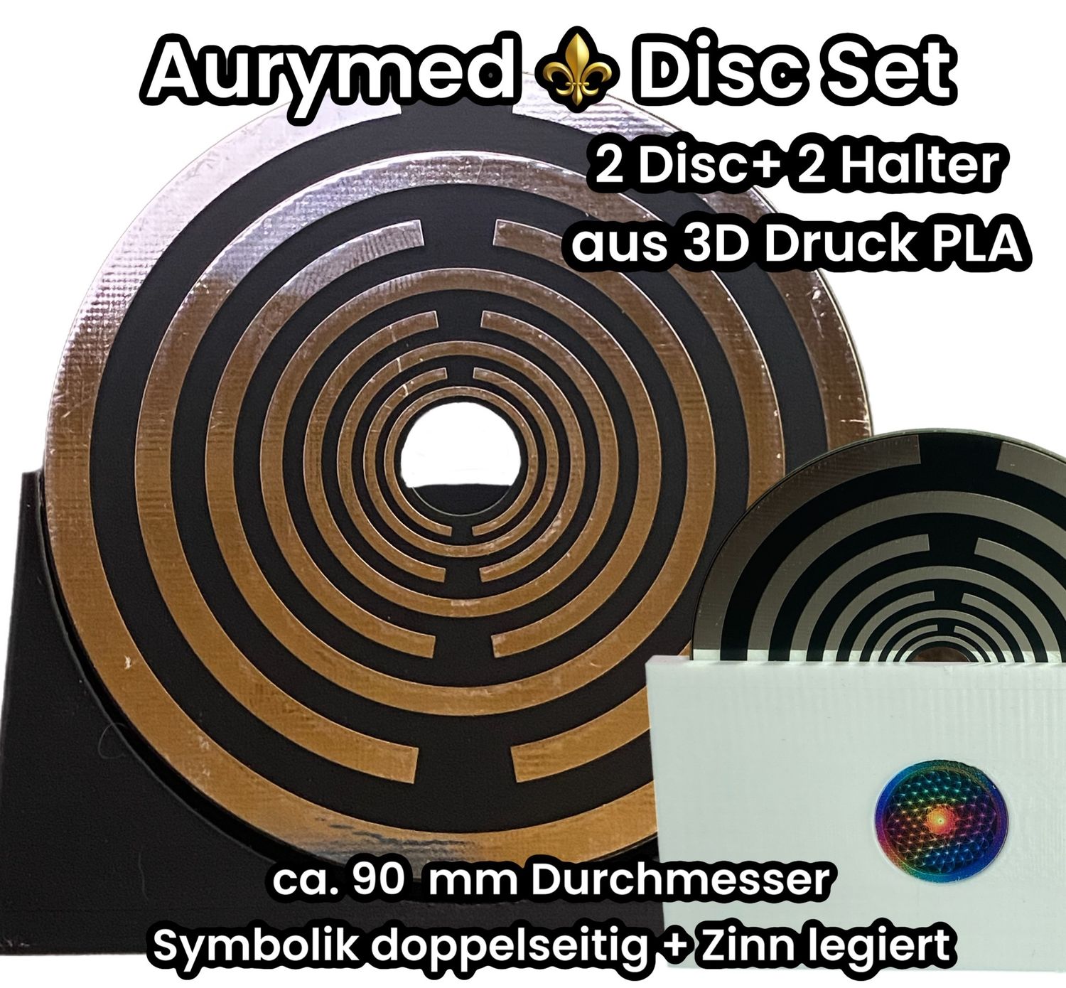 90 mm - 2 x Disc + 2x PLA Halter - Lakhovsky Antenne MWO Schwingkreis Oszillator Design, doppelseitig, Zinn legiert, Kupfer unterlegt, schwarz