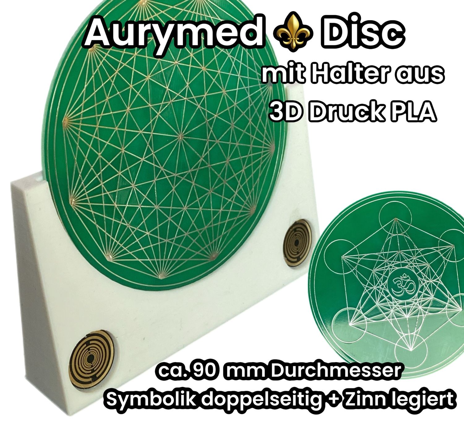 90 mm Disc 1x + 1 Halter PLA - Metatron, Om Zeichen, Dodecagram 12-er Stern Symbol, doppelseitig, Zinn legiert, Kupfer unterlegt, grün