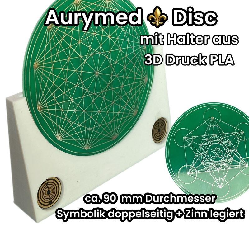 90 mm Disc 1x + 1 Halter PLA - Metatron, Om Zeichen, Dodecagram 12-er Stern Symbol, doppelseitig, Zinn legiert, Kupfer unterlegt, grün 90 mm Disc 1x + 1 Halter PLA - Metatron, Om Zeichen, Dodecagram 12-er Stern Symbol, doppelseitig, Zinn legiert, Kupfer unterlegt, grün