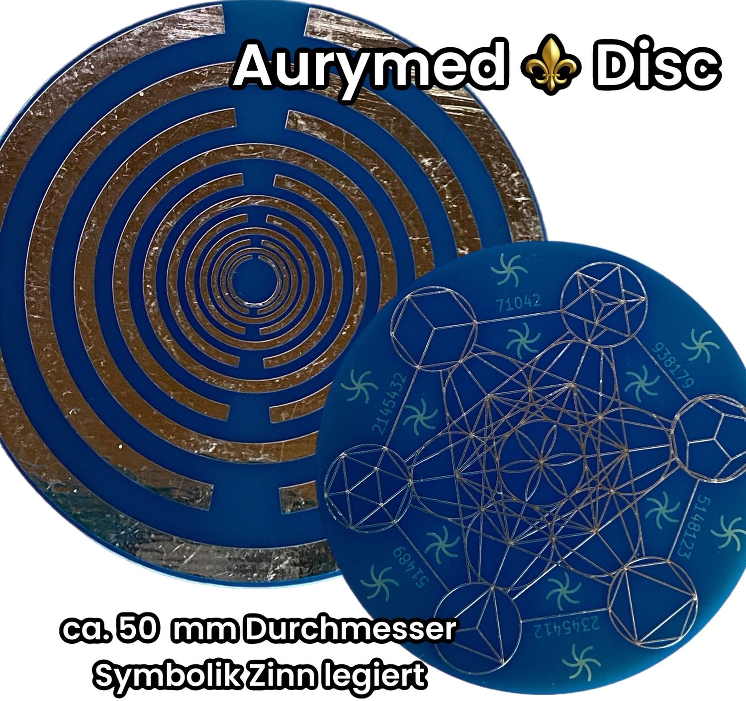 50 mm Disc - 1 Stück Metatron mit den platonischen Körpern integriert trifft die MWO Lakhovsky Symbol Antenne (stromlos) doppelseitig, blau, Zinn legiert, Kupfer unterlegt