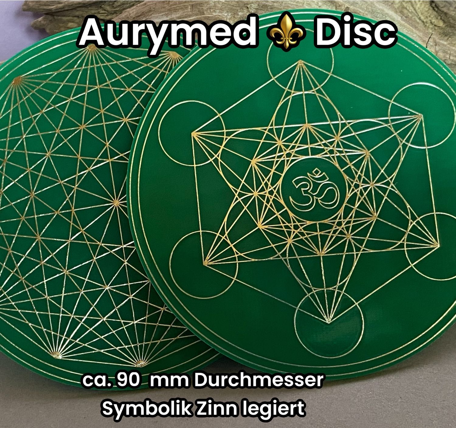 90 mm Disc 1x + ohne Halter PLA - Metatron, Om Zeichen, Dodecagram 12-er Stern Symbol, doppelseitig, Zinn legiert, Kupfer unterlegt, grün