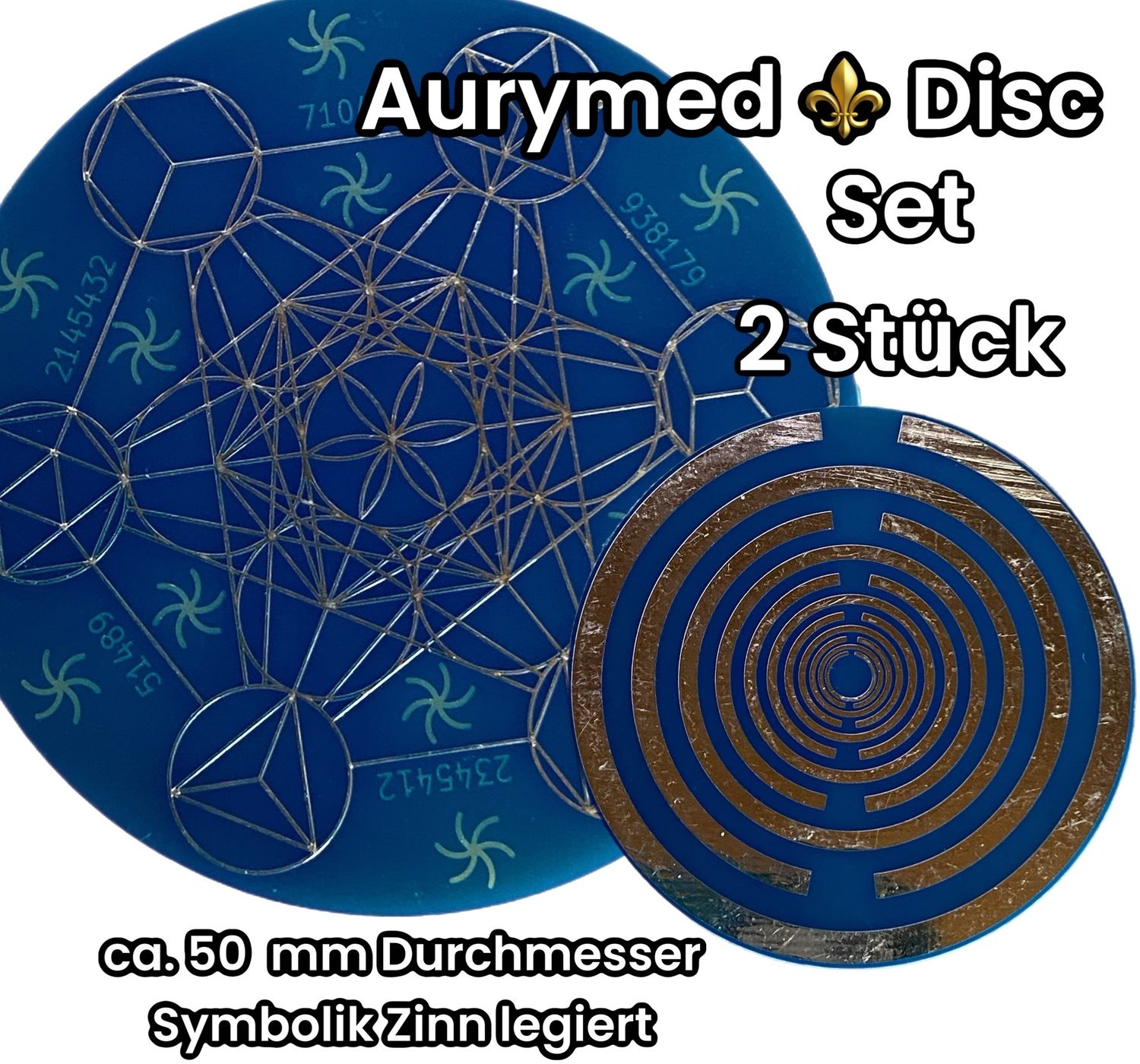 50 mm Disc - 2 Stück Metatron mit den platonischen Körpern integriert trifft die MWO Lakhovsky Symbol Antenne (stromlos) doppelseitig, blau, Zinn legiert, Kupfer unterlegt