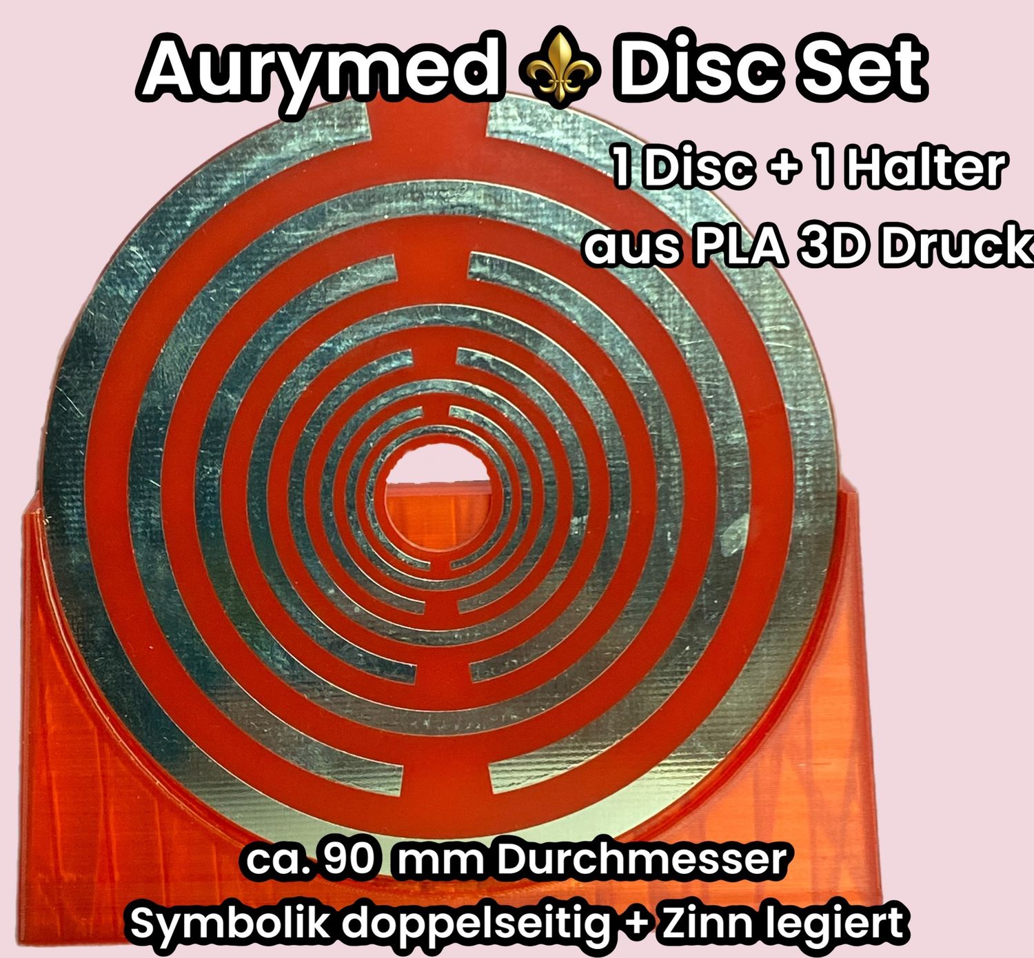 90 mm - 1 x Disc + 1x PLA Halter - Lakhovsky Antenne MWO Schwingkreis Oszillator Design, doppelseitig, Zinn legiert, Kupfer unterlegt, rot
