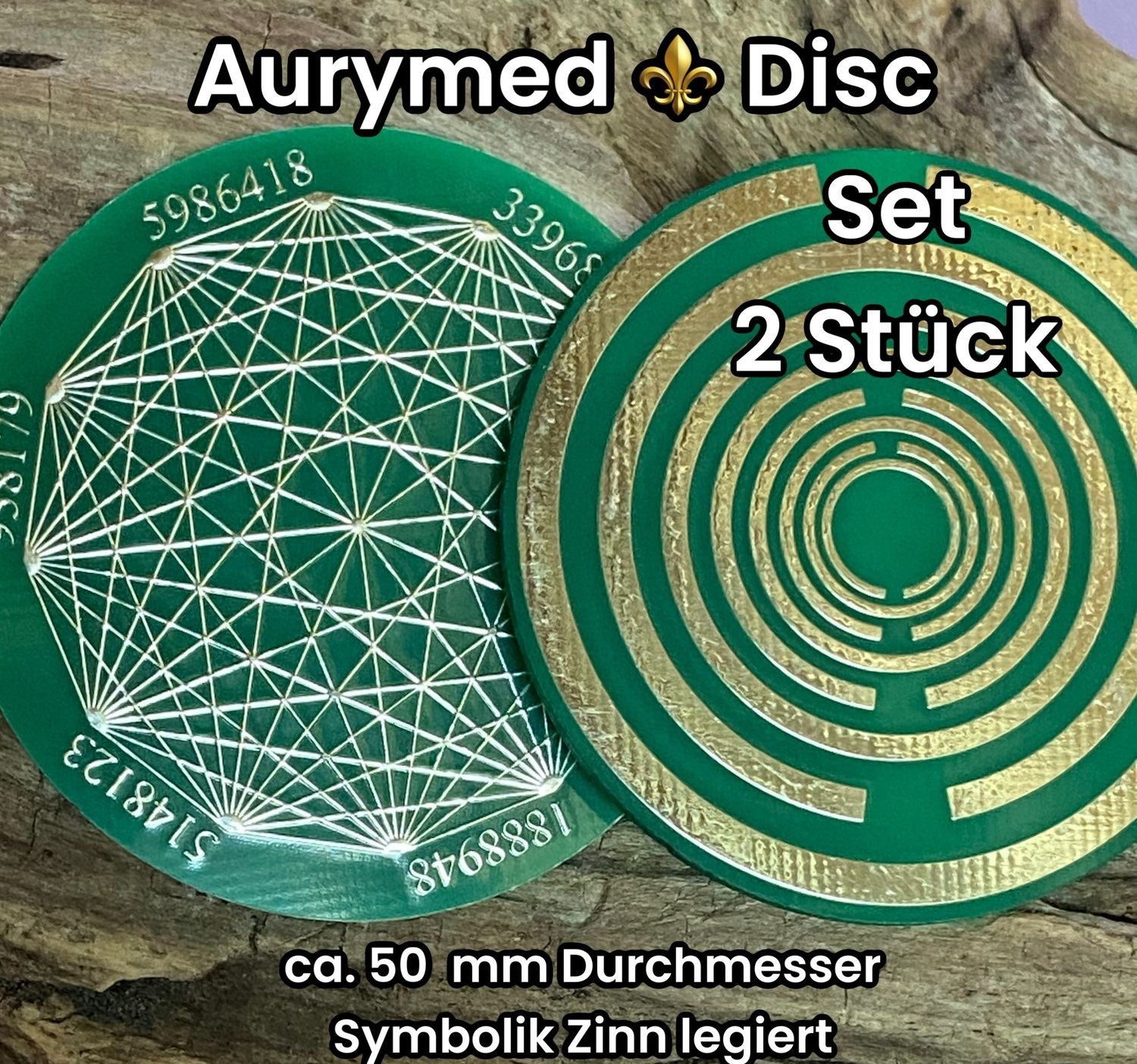 48 mm Disc -  2 Stück - Dodecagram - Lakhovsky MWO Oszillator Antennen Design, doppelseitig, grün, Zinn legiert, Kupfer unterlegt