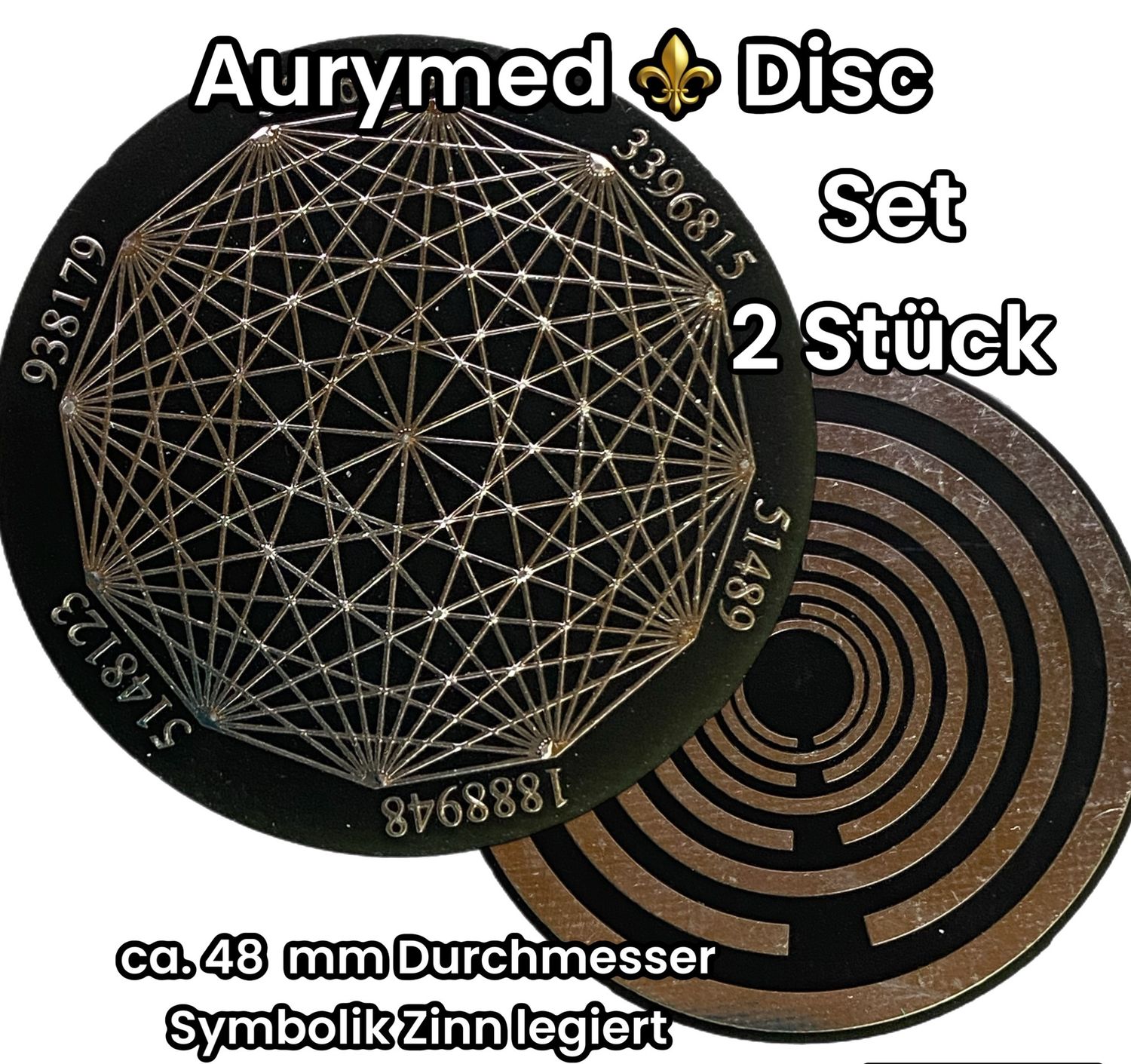 48 mm Disc -  2 Stück - Dodecagram - Lakhovsky MWO Oszillator Antennen Design, doppelseitig, schwarz, Zinn legiert, Kupfer unterlegt