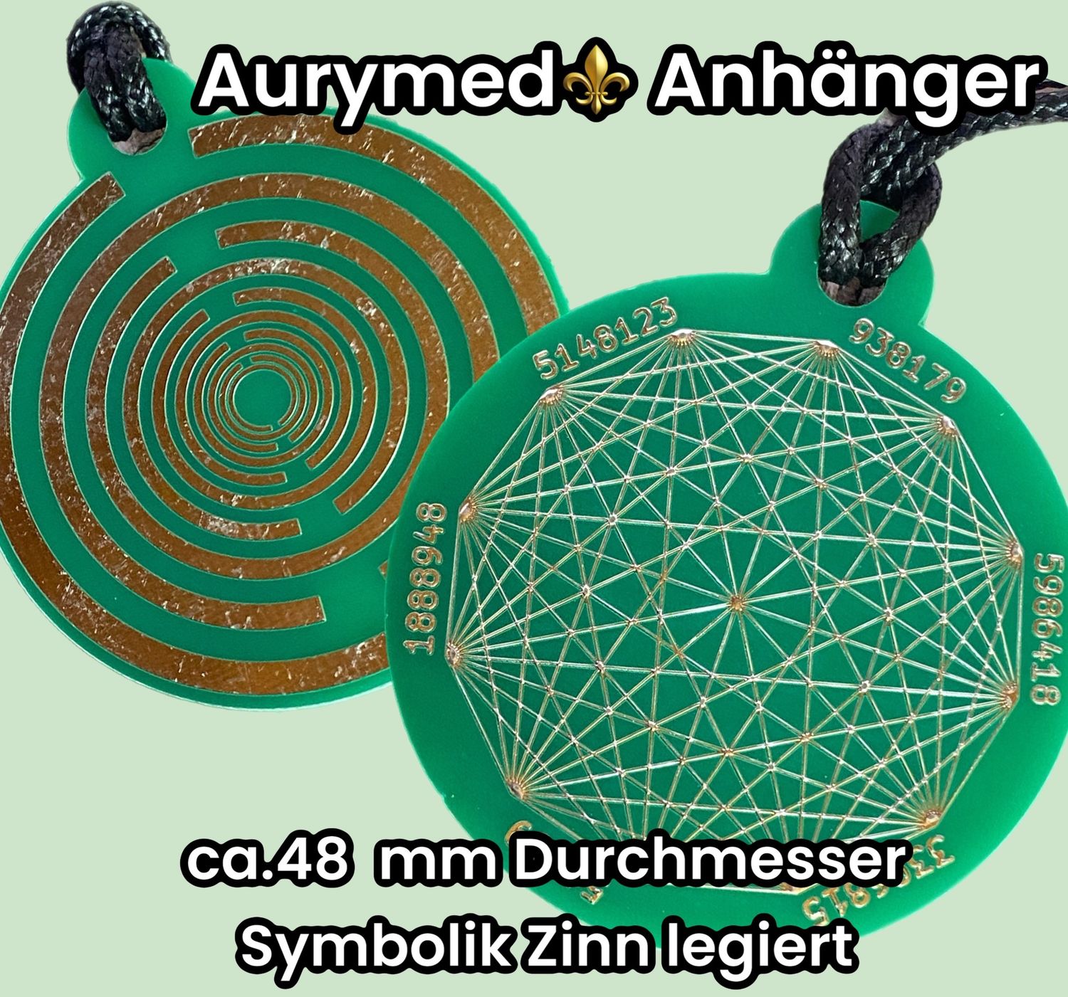 Amulette - Disc ca. 48x58 mm, doppelseitig, Dodecagram und Lakhovsyk Symbol MWO Antenne, grün, Zinn legiert,  Kupfer unterlegt