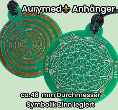 Amulette - Disc ca. 48x58 mm, doppelseitig, Dodecagram und Lakhovsyk Symbol MWO Antenne, grün, Zinn legiert, Kupfer unterlegt Amulette - Disc ca. 48x58 mm, doppelseitig, Dodecagram und Lakhovsyk Symbol MWO Antenne, grün, Zinn legiert, Kupfer unterlegt