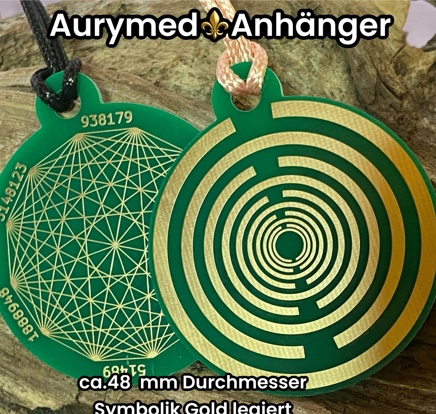 Amulette - Disc ca. 48x58 mm, doppelseitig, Dodecagram und Lakhovsyk Symbol MWO Antenne, grün, Gold legiert,  Kupfer unterlegt