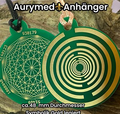 Amulette - Disc ca. 48x58 mm, doppelseitig, Dodecagram und Lakhovsyk Symbol MWO Antenne, grün, Gold legiert, Kupfer unterlegt Amulette - Disc ca. 48x58 mm, doppelseitig, Dodecagram und Lakhovsyk Symbol MWO Antenne, grün, Gold legiert, Kupfer unterlegt