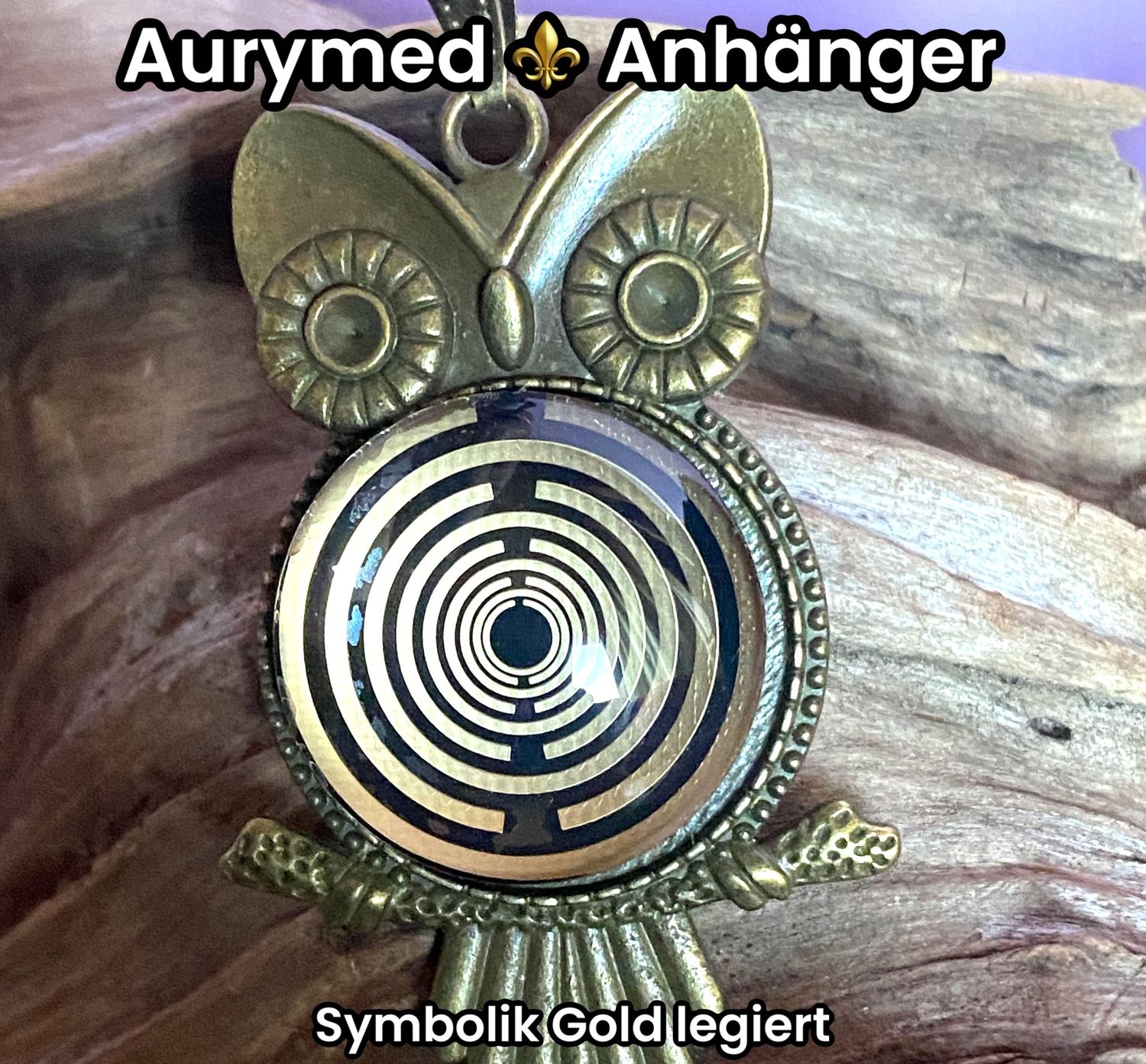 Krafttier Anhänger Eule - Lakhovsyk Antennen Design, nachtschwarzer Coin Kupfer unterlegt, Goldlegierung, bronzefarbende Fassung