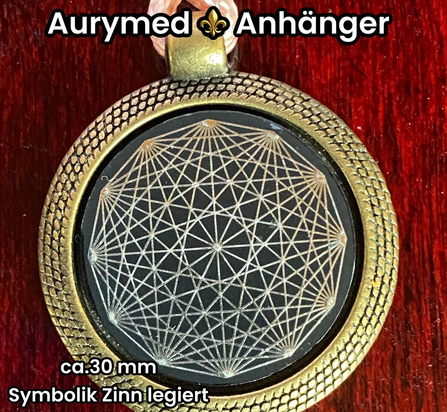 Amulette - Dodecagram als schwarzer ca. 25 mm großer Coin mit Zinnlegierung in eine bronzefarbende Fassung eingearbeitet, Kupfer unterlegt