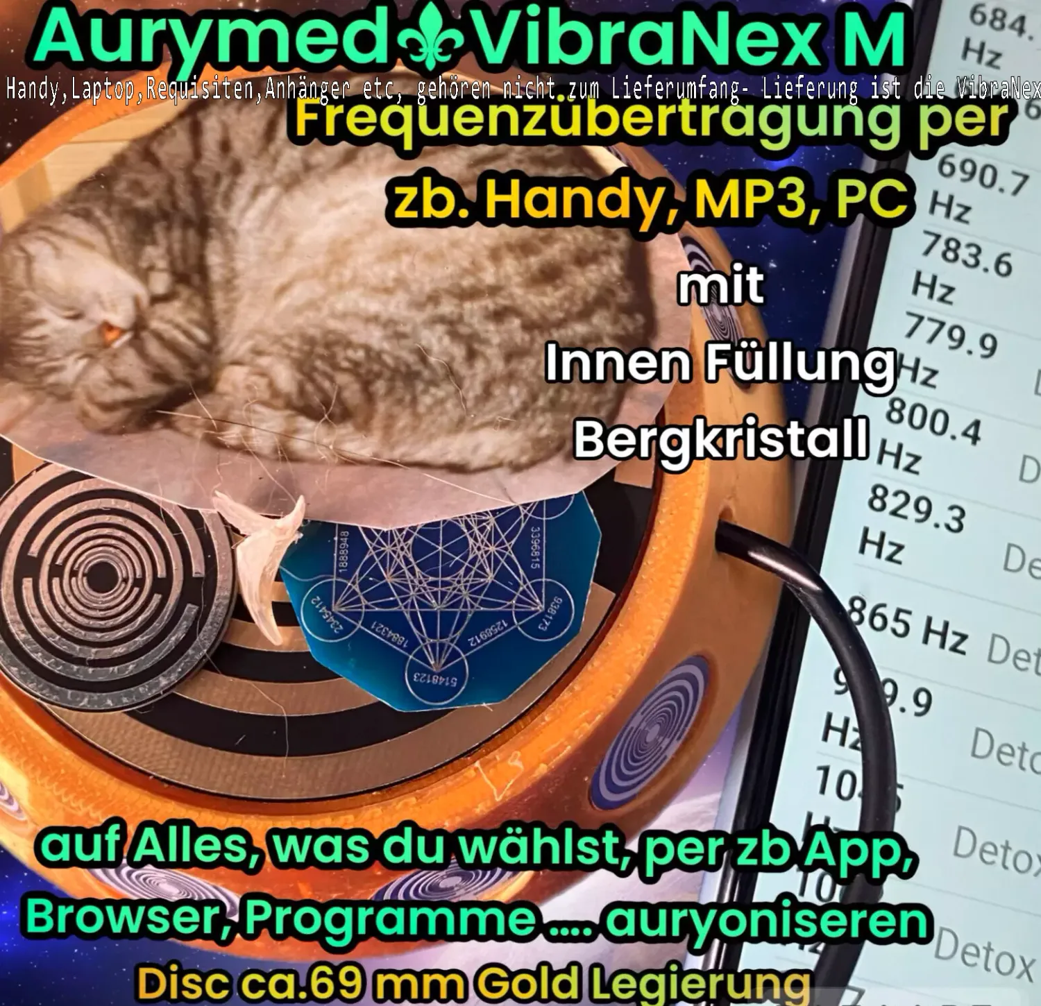 69 mm  VibraNex UFO - silk golden, Oberflächenplatte Zinn legiert, Füllung Bergkristall