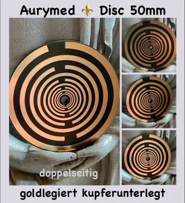 50 mm Disc - 1 Stück - MWO Lakhovsky Symbol Antenne (stromlos) doppelseitig, schwarz, Symbolik Gold legiert, Kupfer unterlegt 50 mm Disc - 1 Stück - MWO Lakhovsky Symbol Antenne (stromlos) doppelseitig, schwarz, Symbolik Gold legiert, Kupfer unterlegt
