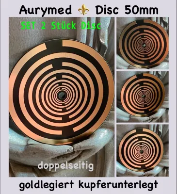 50 mm Disc - 2 Stück - MWO Lakhovsky Symbol Antenne (stromlos) doppelseitig, schwarz, Symbolik Gold legiert, Kupfer unterlegt 50 mm Disc - 2 Stück - MWO Lakhovsky Symbol Antenne (stromlos) doppelseitig, schwarz, Symbolik Gold legiert, Kupfer unterlegt
