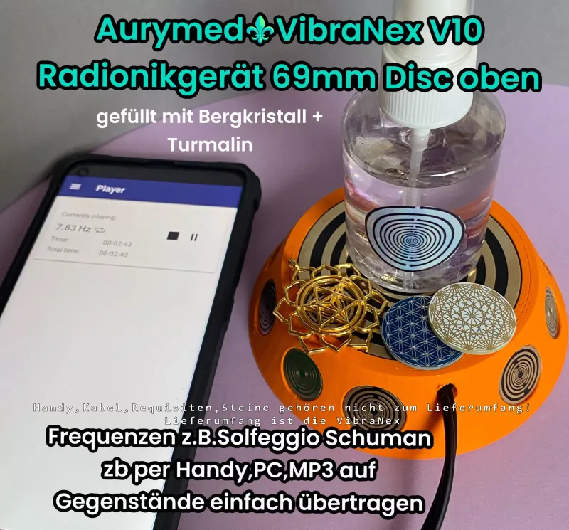 Radionik Gerät VibraNex, PLA Gehäuse orange mit Füllung innen,69 mm MWO Lakhovsky Antenn, Discsymbolik Goldlegiert, Kupfer unterlegt, Frequenzen aus App`s etc per Audio übertragen