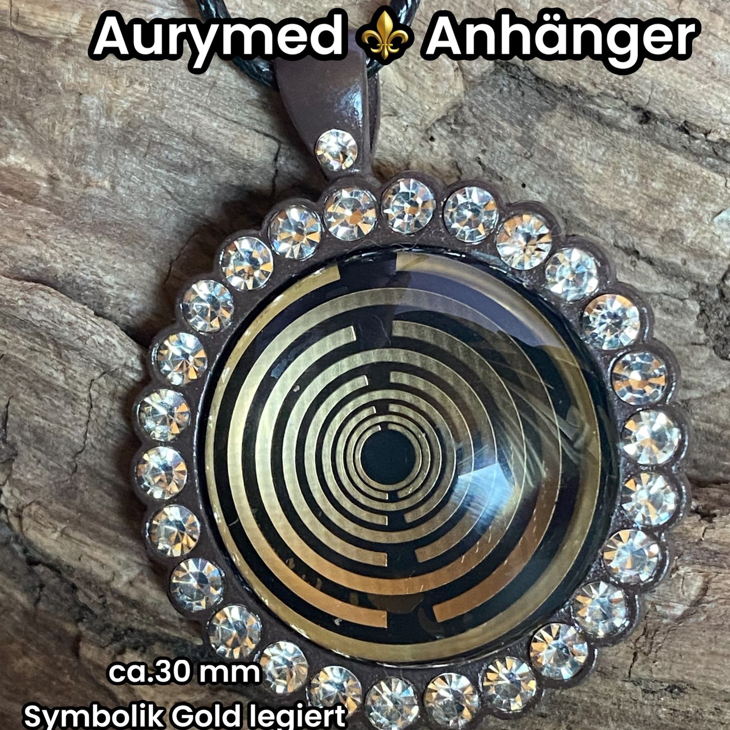 Amulette -braun, Strassteine, Lakhovsky Symbol MWO Antenne (stromlos) als nachtschwarzer ca. 25 mm großer Coin (hinter Glas) mit Goldlegierung in eine braune Fassung eingearbeitet, Kupfer unterlegt