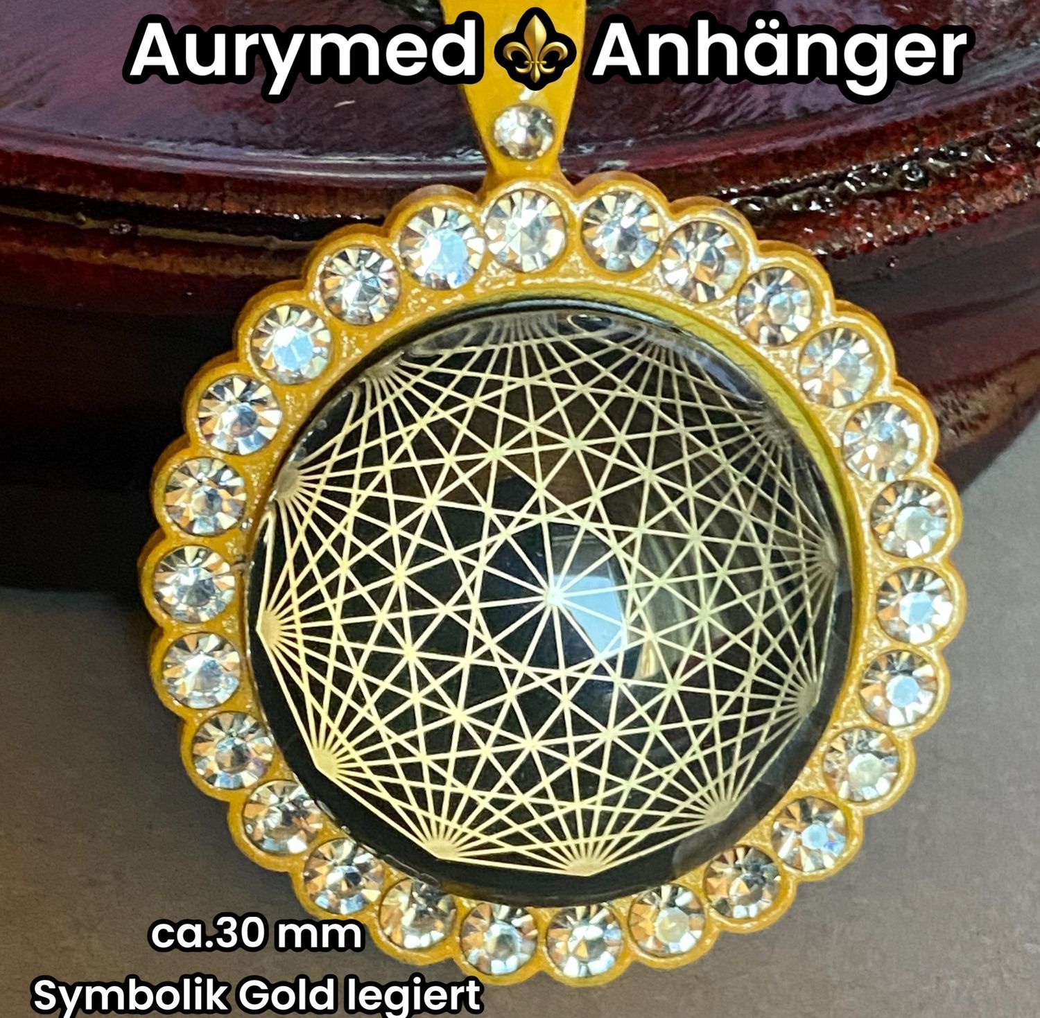 Amulette -glamour, Strassteine,Dodecagram als nachtschwarzer ca. 25 mm großer Coin (hinter Glas) mit Goldlegierung in eine sonnengelbe Fassung eingearbeitet, Kupfer unterlegt