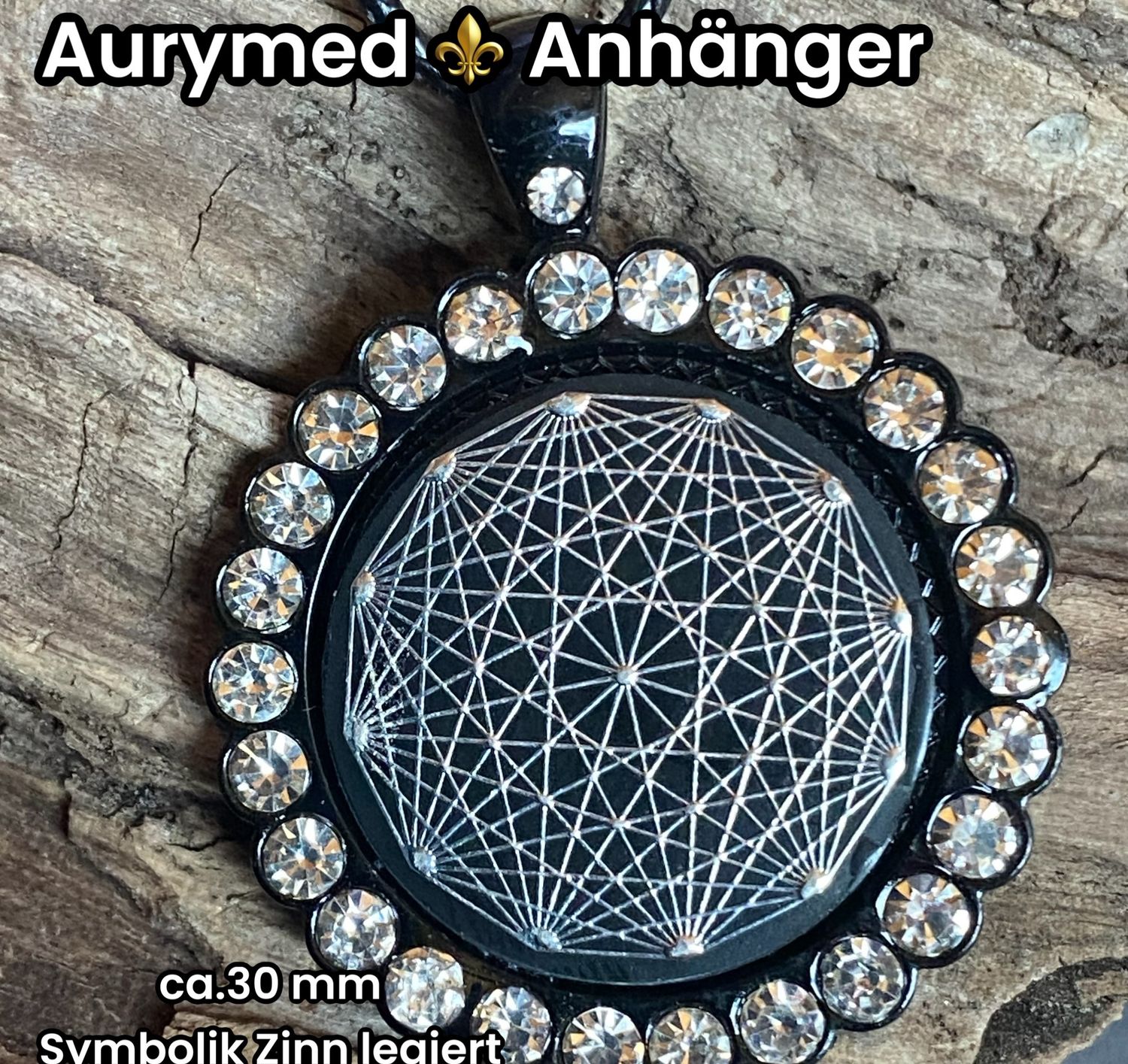 Amulette Glamour, Strassteine,Dodecagram als nachtschwarzer ca. 25 mm großer Coin mit Zinnlegierung in eine nachtschwarze Fassung eingearbeitet, Kupfer unterlegt