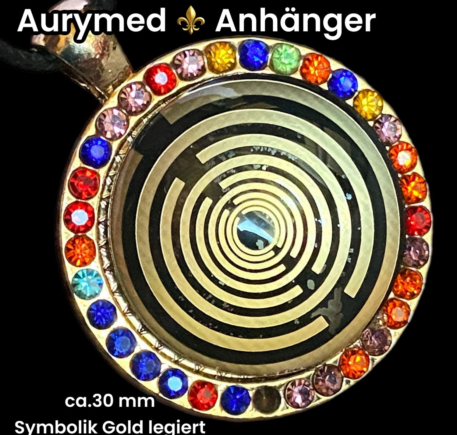 Amulette Glamour, Strassteine, Lakhovsky Symbol MWO Antenne (stromlos) als nachtschwarzer ca. 25 mm großer Coin (hinter Glas) mit Goldlegierung in eine goldfarbeFassung eingearbeitet, Kupfer unterlegt