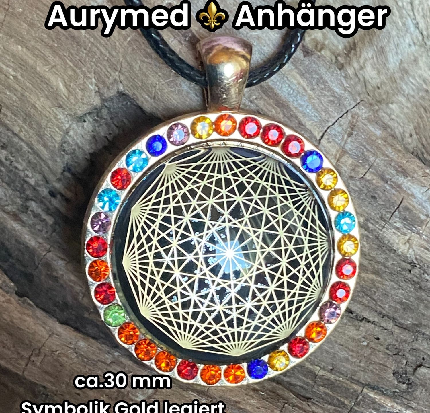 Amulette Glamour, Strassteine,Dodecagram als nachtschwarzer ca. 25 mm großer Coin (hinter Glas) mit Goldlegierung in eine golfarbende (kein Gold) Fassung eingearbeitet, Kupfer unterlegt
