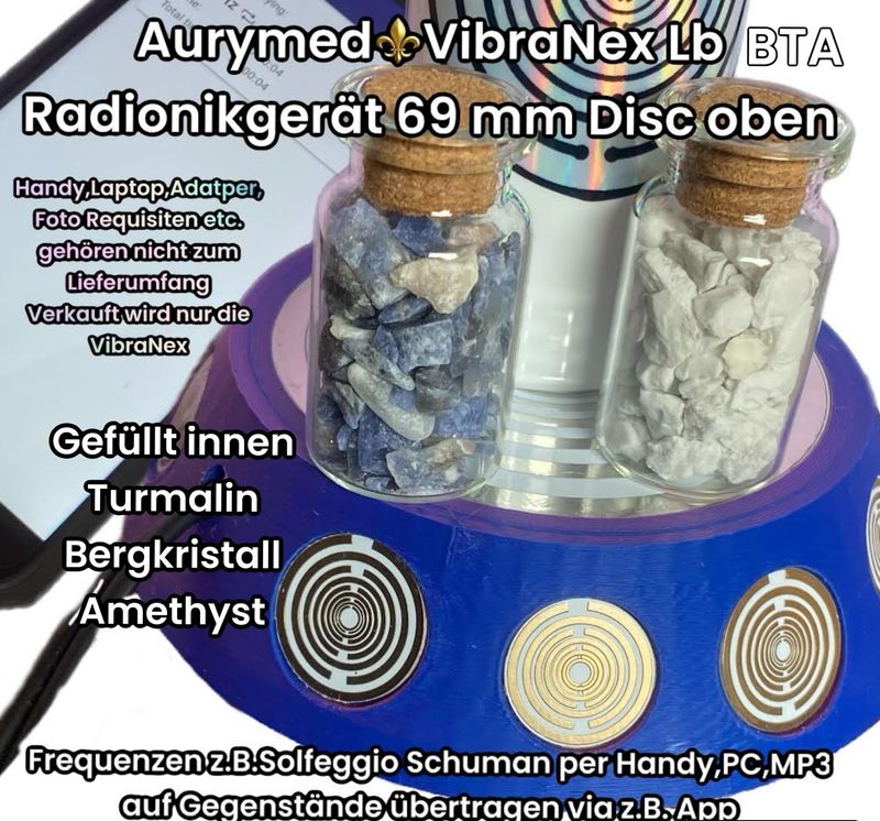 69 mm VibraNex UFO, Farbverlauf, Oberflächenplatte Zinn legiert, Füllung Turmalin, Bergkristall, Amethyst 69 mm VibraNex UFO, Farbverlauf, Oberflächenplatte Zinn legiert, Füllung Turmalin, Bergkristall, Amethyst