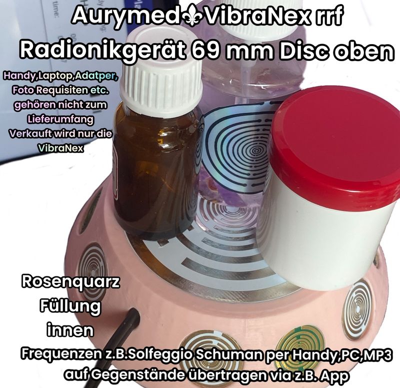 69 mm VibraNex UFO, 1 farbig, Oberflächenplatte Zinn legiert, Füllung Rosenquarz 69 mm VibraNex UFO, 1 farbig, Oberflächenplatte Zinn legiert, Füllung Rosenquarz