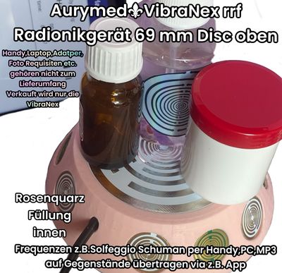 69 mm VibraNex UFO, 1 farbig, Oberflächenplatte Zinn legiert, Füllung Rosenquarz 69 mm VibraNex UFO, 1 farbig, Oberflächenplatte Zinn legiert, Füllung Rosenquarz