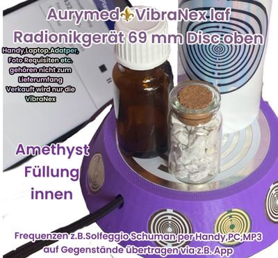 69 mm VibraNex UFO, 1 farbig, Oberflächenplatte Zinn legiert, Füllung Amethyst 69 mm VibraNex UFO, 1 farbig, Oberflächenplatte Zinn legiert, Füllung Amethyst