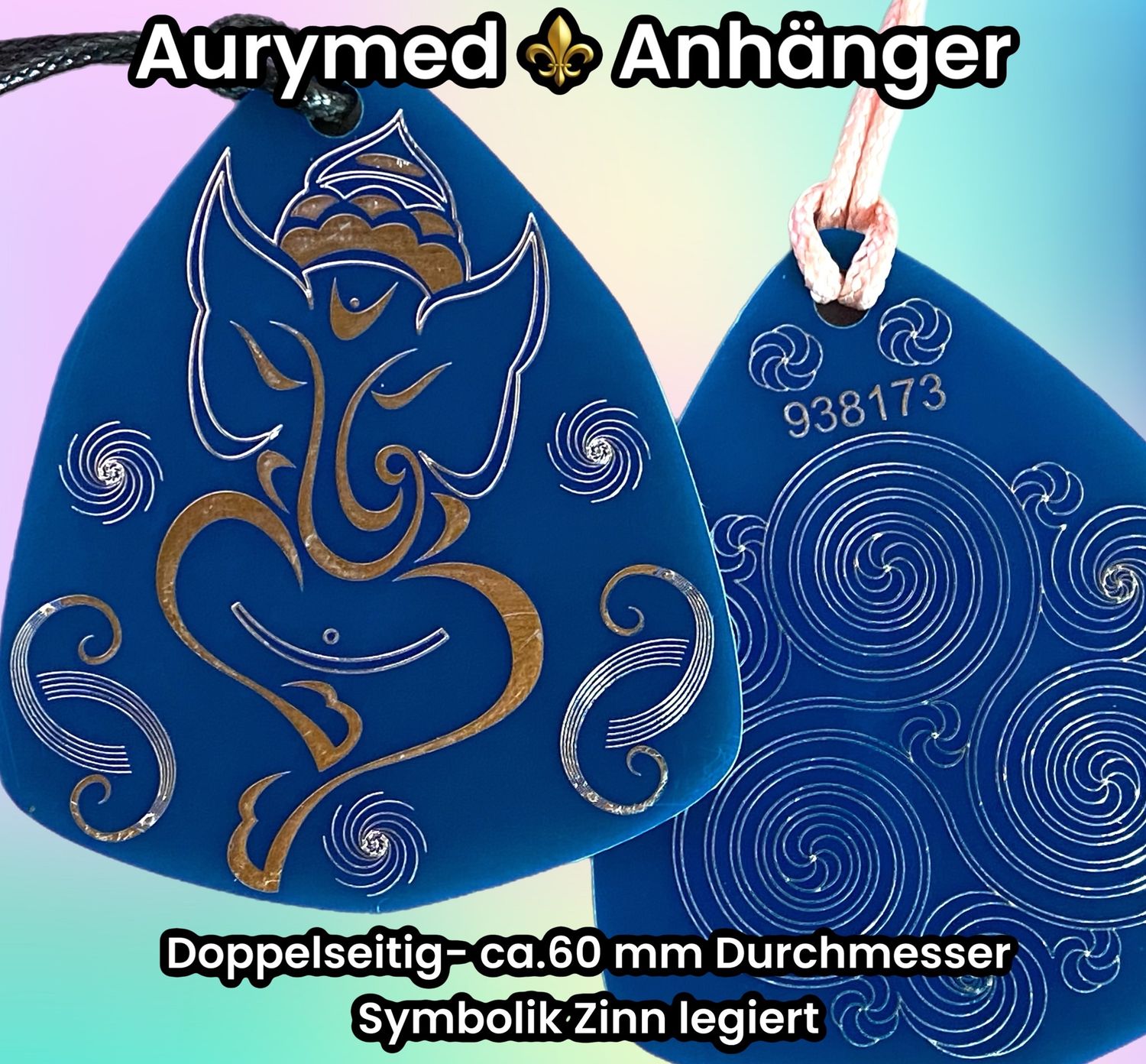 Amulette - Disc - Ganesha der Glücksbote trifft die 3 fach Triskele , Größe ca. 69 mm x 59 mm, doppelseitig, Zinn legiert, Kupfer unterlegt, blau