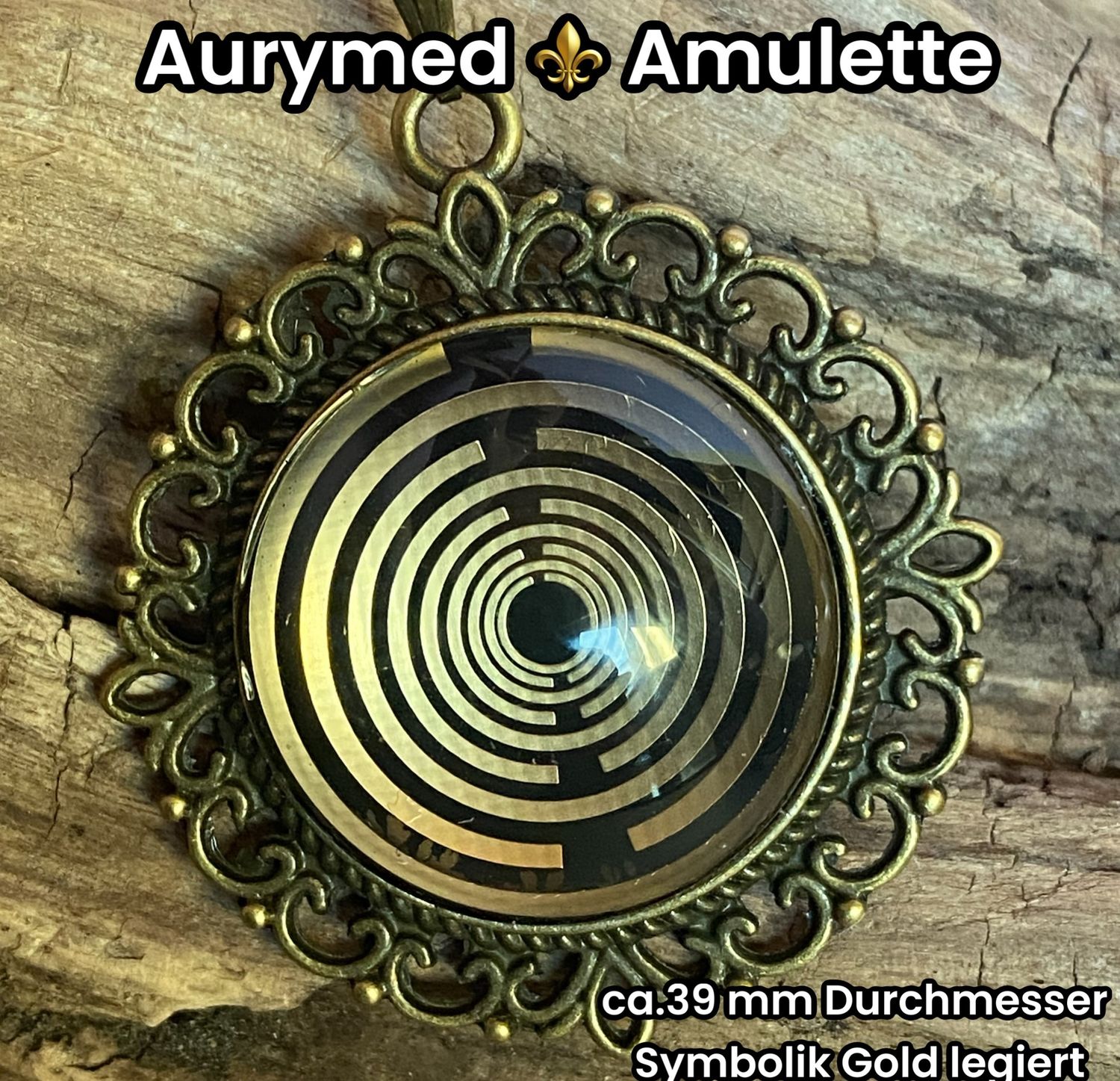 Amulette - bronzefarbend, Lakhovsyk MWO Schwingkreis Antennen Symbol (stromlos), Disc in schwarz mit ca.25 mm Durchmesser, Disc Symbol gold legiert, Kupfer unterlegt