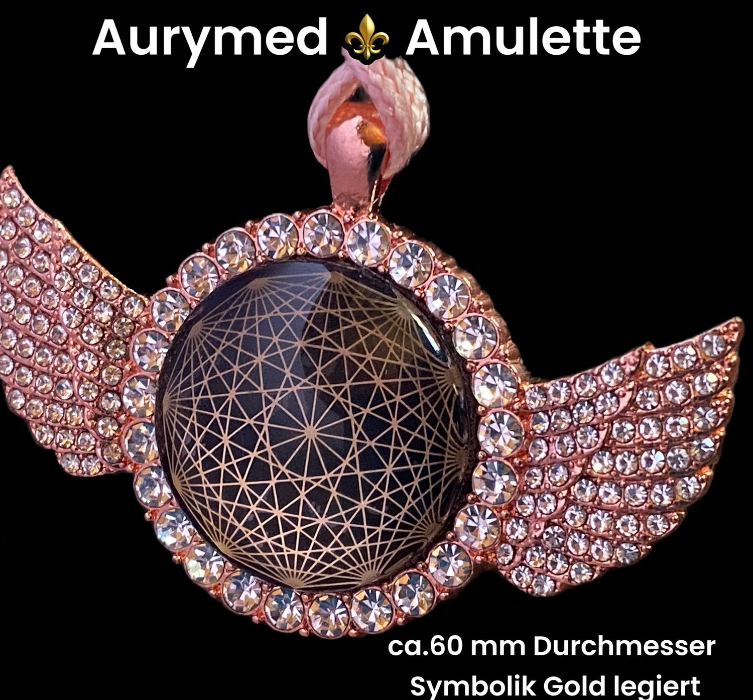 Amulette -glamour, Strassteine,Dodecagram als nachtschwarzer ca. 25 mm großer Coin (hinter Glas) mit Goldlegierung in eine altrose Engelsflügel Fassung eingearbeitet, Kupfer unterlegt