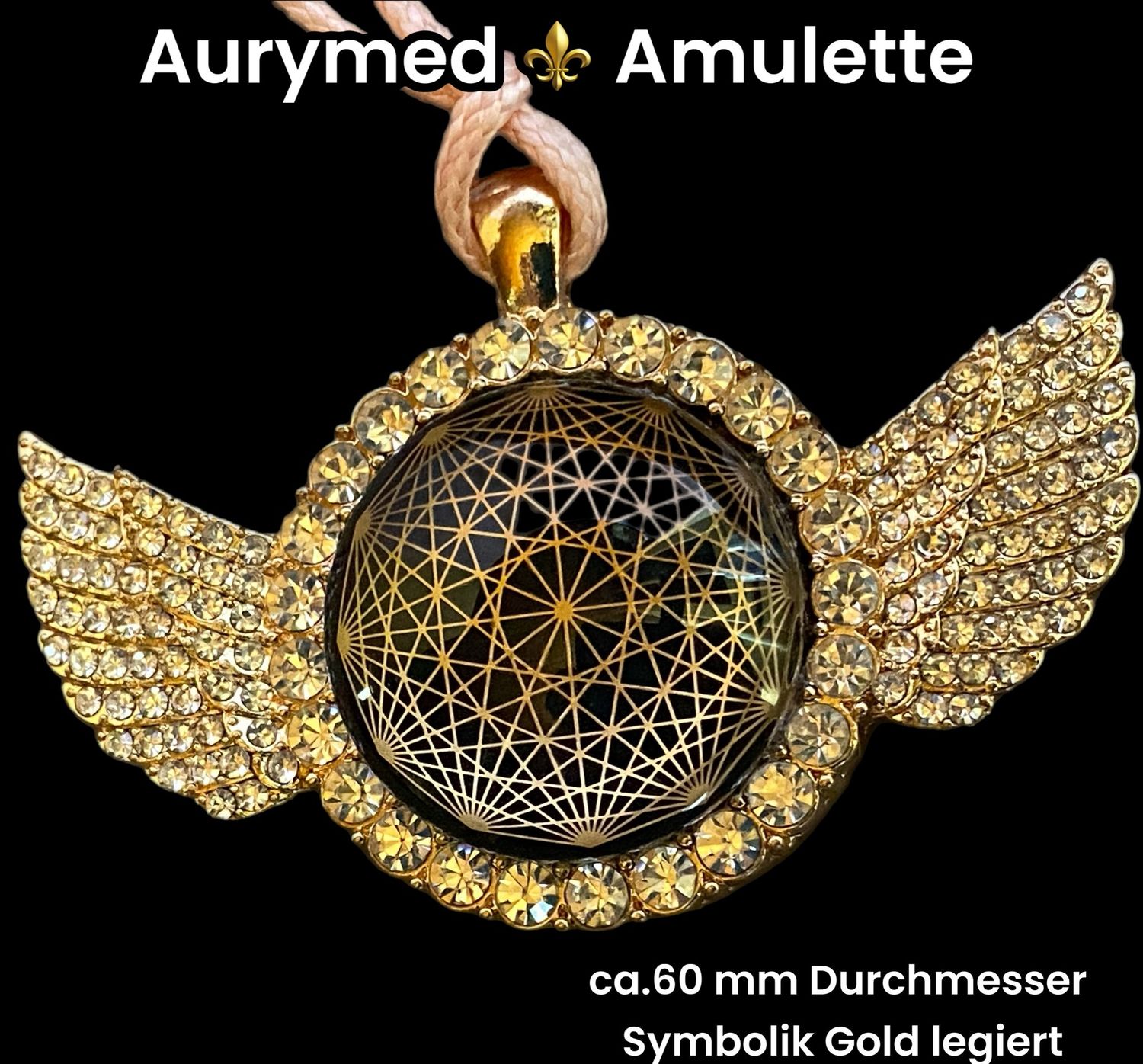 Amulette -glamour, Strassteine,Dodecagram als nachtschwarzer ca. 25 mm großer Coin (hinter Glas) mit Goldlegierung in eine gelbgoldene Farbe Engelsflügel Fassung eingearbeitet, Kupfer unterlegt