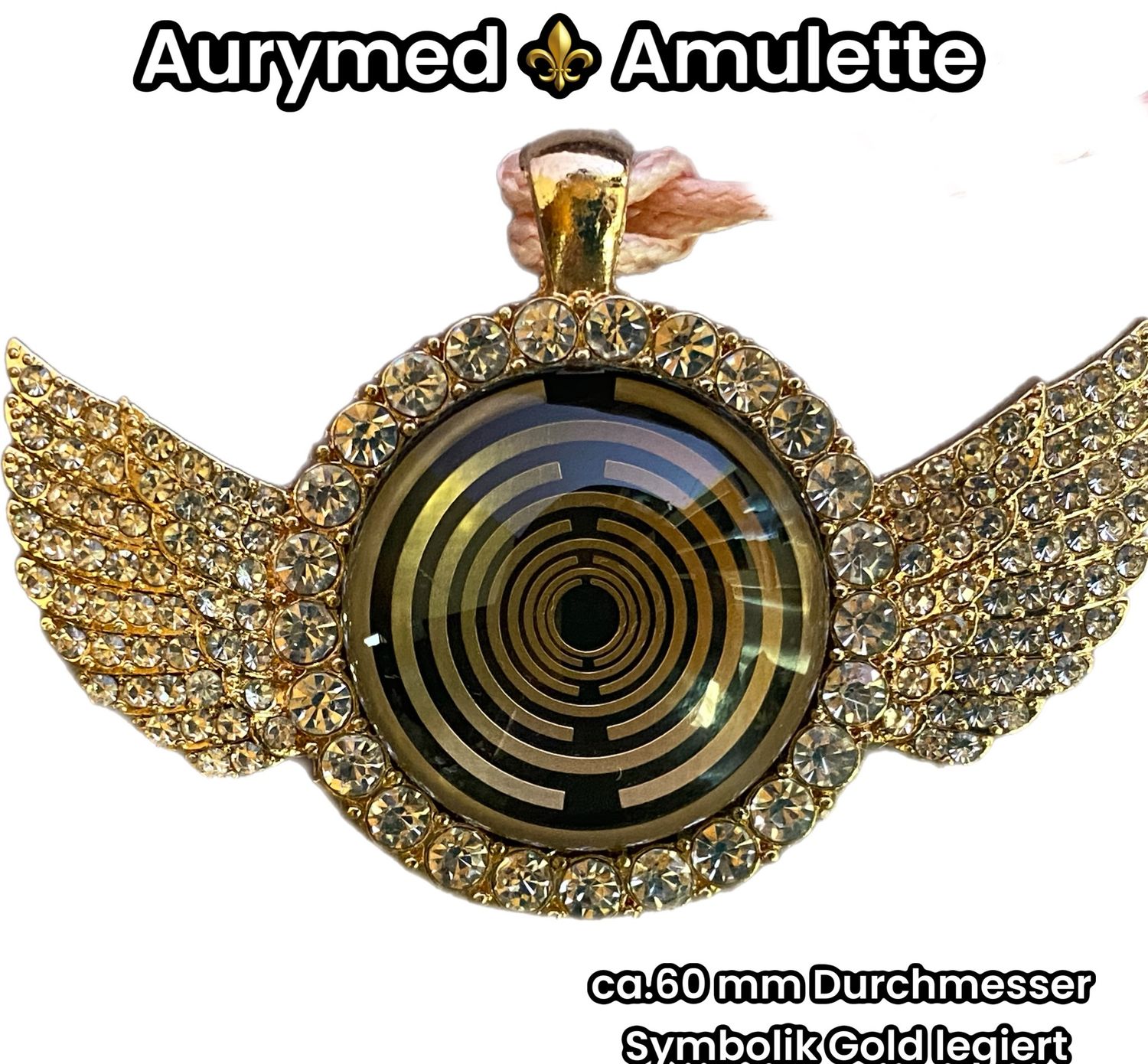Amulette -glamour, Strassteine,Lakhovsky Antenne als nachtschwarzer ca. 25 mm großer Coin (hinter Glas) mit Goldlegierung in eine gelbgoldene Farbe Engelsflügel Fassung eingearbeitet, Kupfer unterlegt
