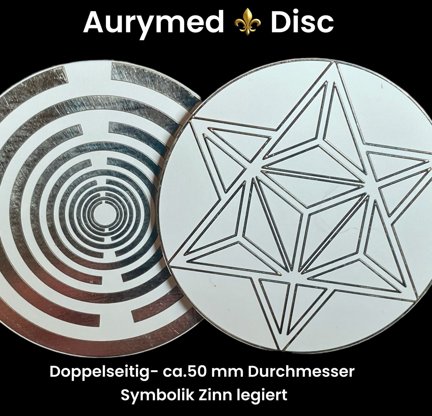 50 mm Disc - 2 Stück im Set -  Merkaba der heiligen Geometrie trifft die Lakhovsky MWO Schwingkreis Oszillator Antenne, doppelseitig, Zinn legiert, Kupger unterlegt, schneeweiss