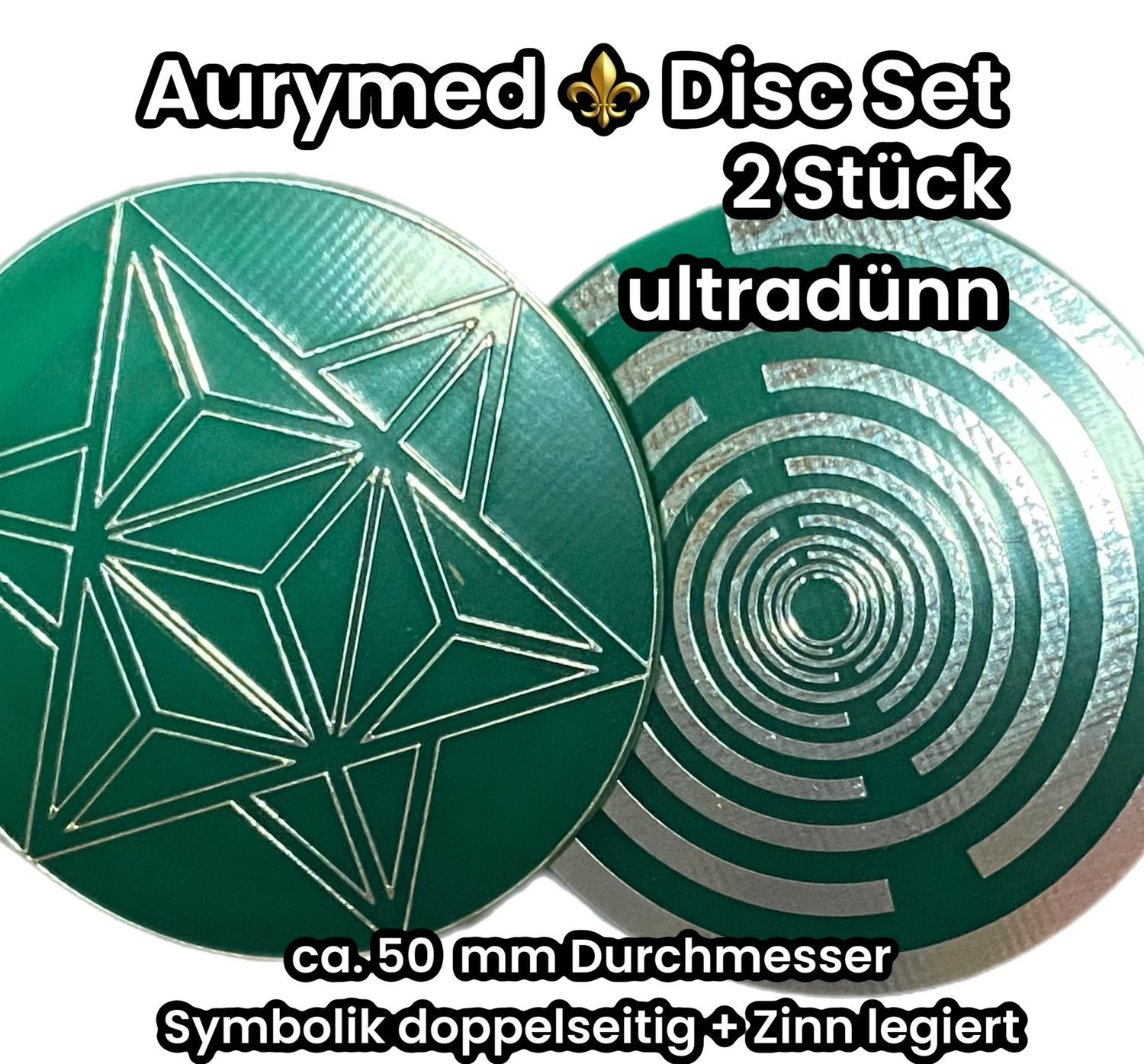 50 mm Disc - 2 Stück im Set -  Merkaba der heiligen Geometrie trifft die Lakhovsky MWO Schwingkreis Oszillator Antenne, doppelseitig, Zinn legiert, Kupger unterlegt, grün - ULTRADÜNN 0,1mm