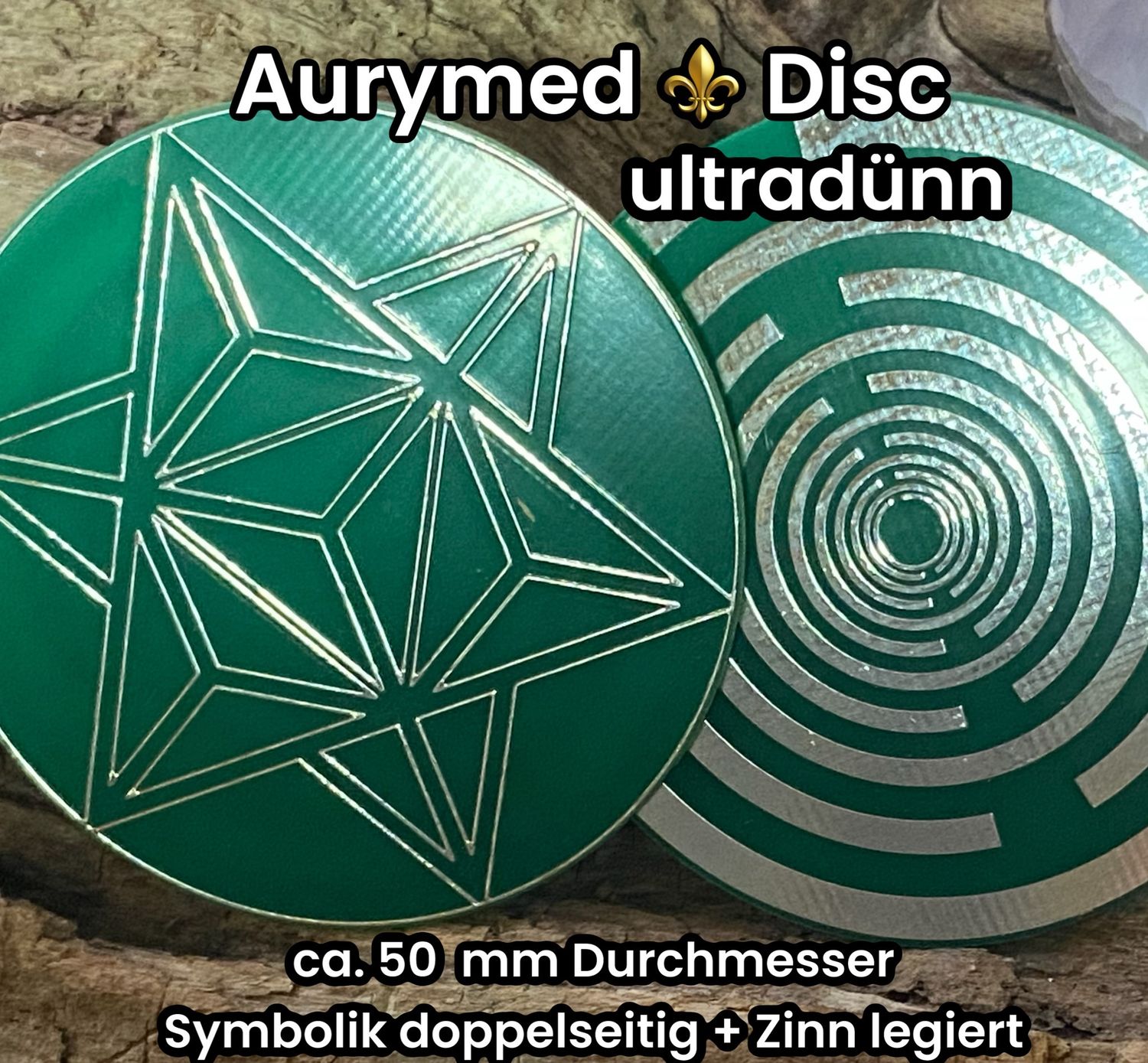 50 mm Disc - 1 Stück Merkaba der heiligen Geometrie trifft die Lakhovsky MWO Schwingkreis Oszillator Antenne, doppelseitig, Zinn legiert, Kupfer unterlegt, grün - ULTRADÜNN 0,1mm