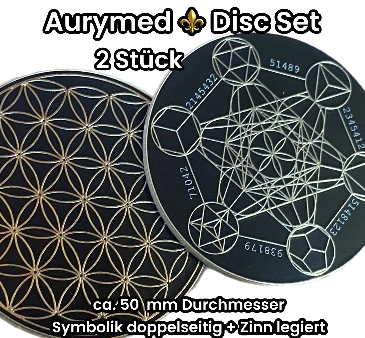 50 mm Disc -  2 Stück im Set - Metatron mit den platonischen Körpern integriert trifft die Blume des Lebens, doppelseitig, schwarz, Zinn legiert, Kupfer unterlegt