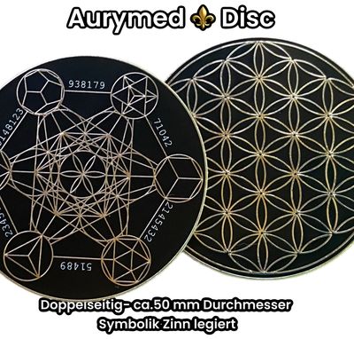 50 mm Disc - 1 Stück - Metatron mit den platonischen Körpern integriert trifft die Blume des Lebens, doppelseitig, schwarz, Zinn legiert, Kupfer unterlegt