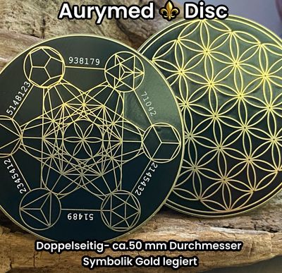 50 mm Disc -  1 Stück - Metatron mit den platonischen Körpern integriert  trifft die Blume des Lebens, doppelseitig, schwarz, Gold legiert, Kupfer unterlegt