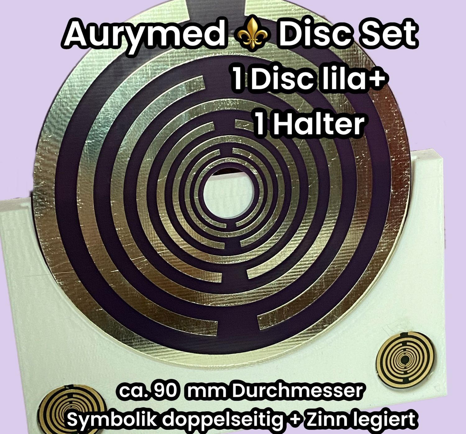 90 mm - 1 x Disc + 1x PLA Halter - Lakhovsky Antenne MWO Schwingkreis Oszillator Design, doppelseitig, Zinn legiert, Kupfer unterlegt, lila